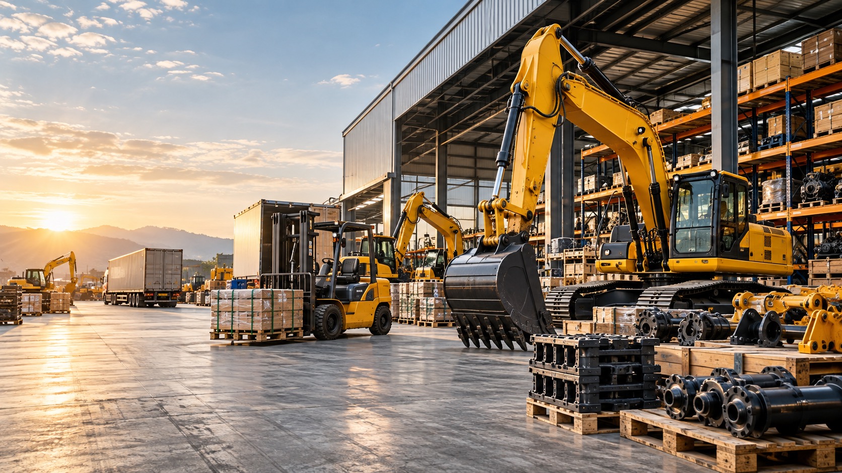Heavy machinery and industrial equipment in a warehouse yard